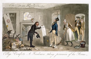College Comforts, Egy gólya birtokba veszi szobáit, Charles Molloy Westmacott (1788-1868) „Az angol kém” című könyvéből, Londonban, 1825-ben.